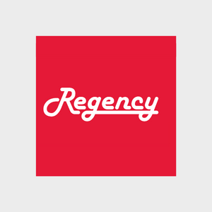 Red background with white cursive text that reads 'Regency'.