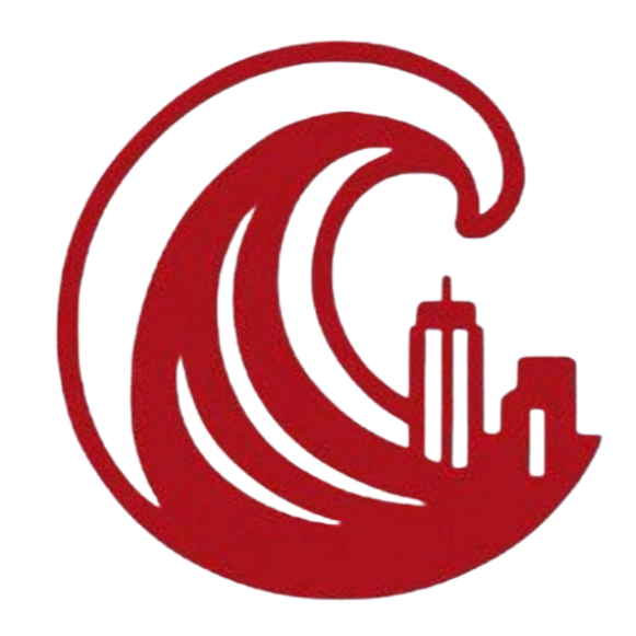 Red logo of a city skyline inside a crescent moon.