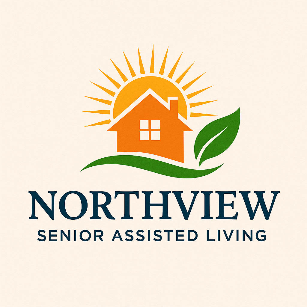 Logo for Northview Senior Assisted Living featuring an orange house with a green leaf and a yellow sun behind it.