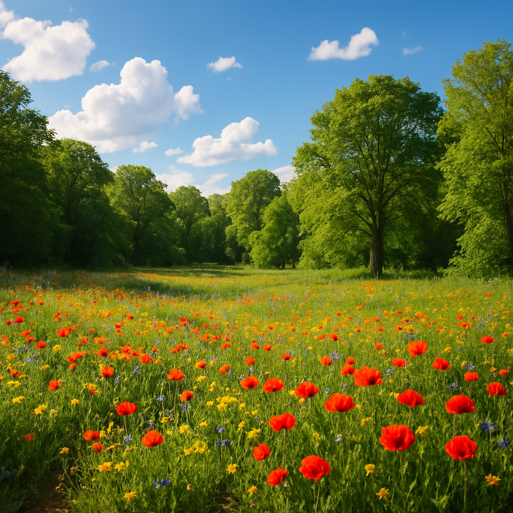 A lush green meadow filled with colorful wildflowers, with large trees in the background under a bright blue sky with fluffy white clouds.