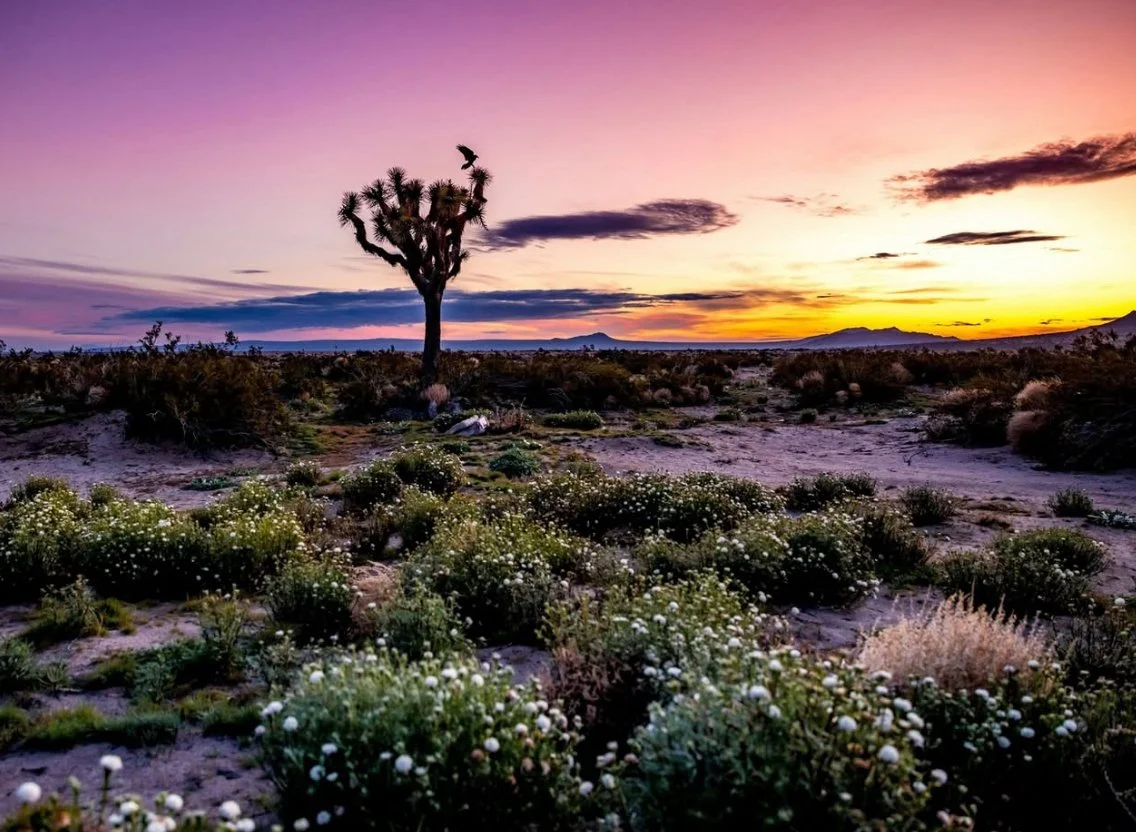 A desert landscape at sunset with a Joshua tree, wildflowers, and mountains in the distance.