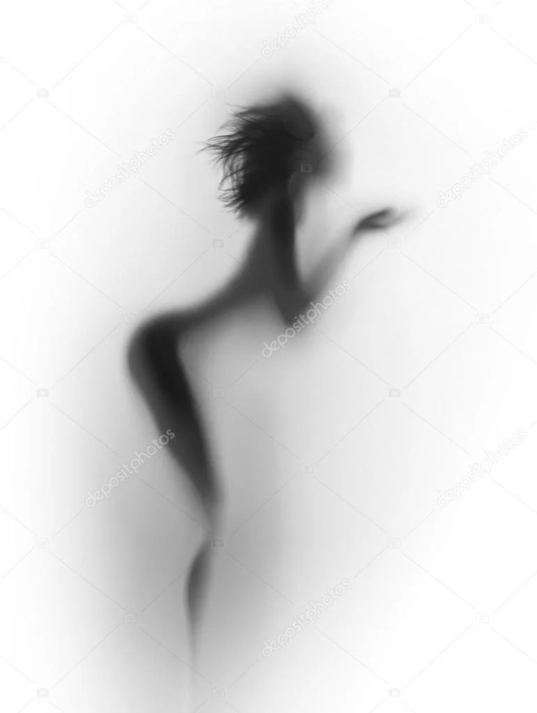 Blurry silhouette of a person with shoulder-length hair, leaning against a wall with one arm raised.