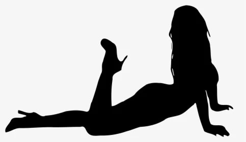 Silhouette of a woman lying on her stomach with one leg bent and feet in the air