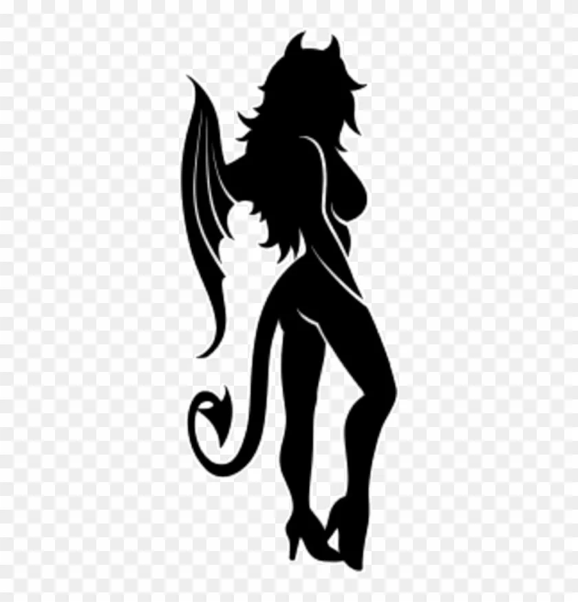 Silhouette of a female demon with wings, horns, a tail, and high heels, standing with her back to the viewer.
