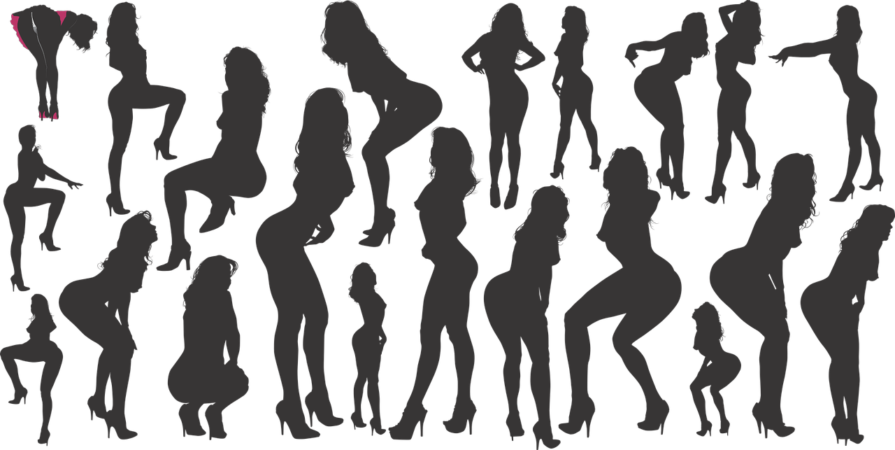 Multiple silhouettes of women in various poses and outfits, some standing, squatting, or with hands on hips, set against a plain background.
