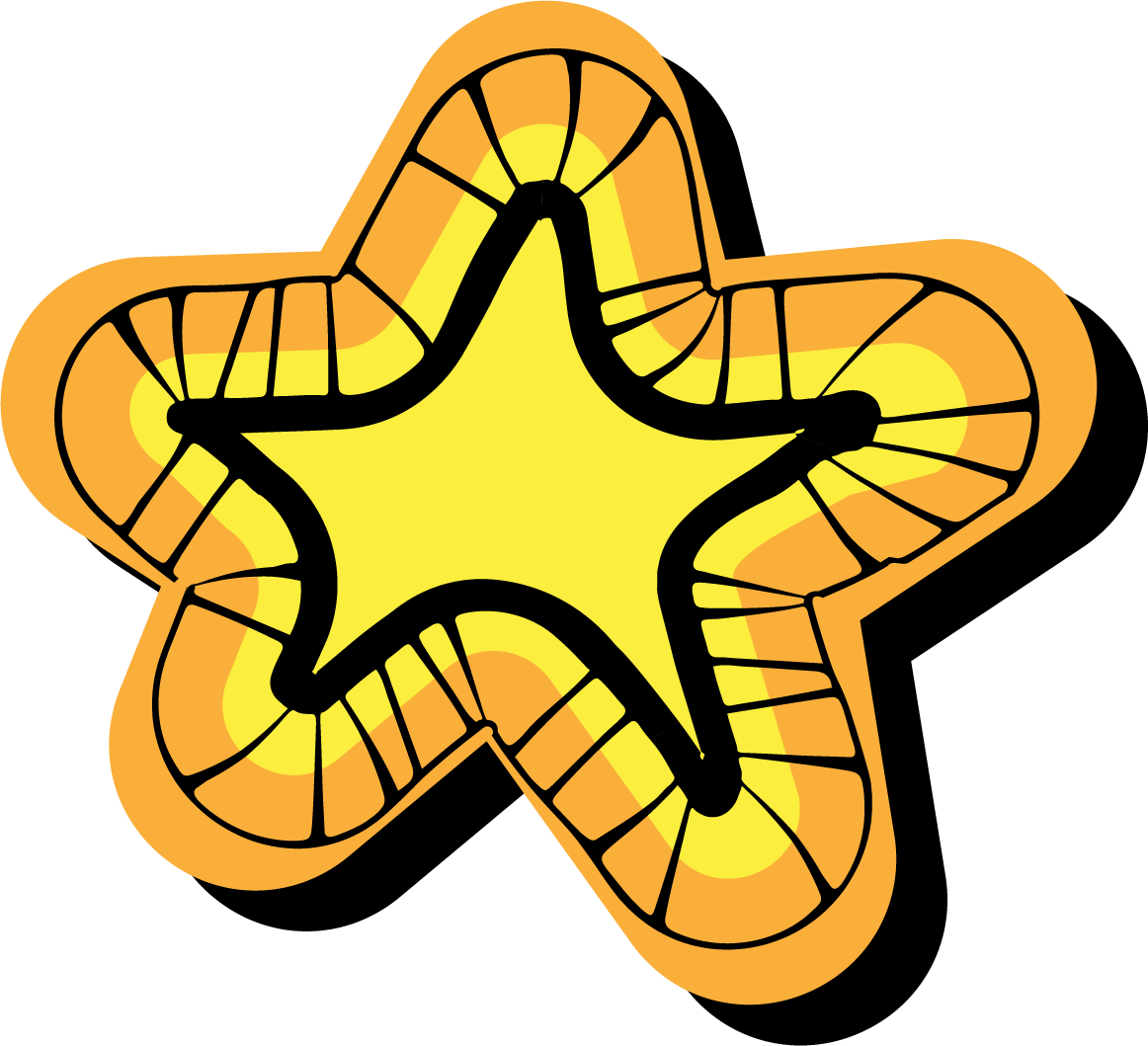 A stylized abstract star with a yellow center and orange outer sections, outlined in black.