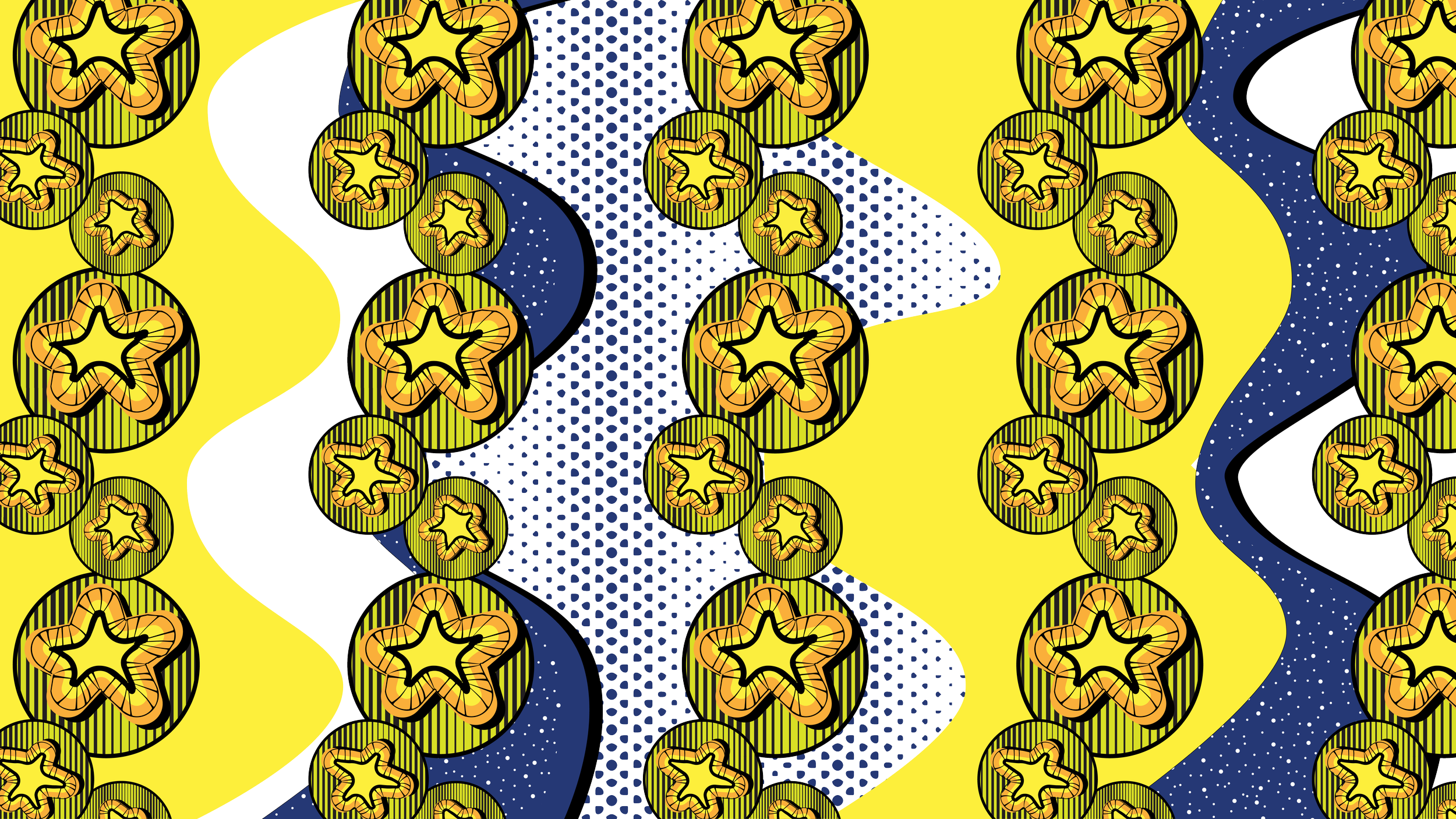 Abstract pattern with yellow and navy blue wavy lines, dotted areas, and circular shapes with star and swirl designs, creating a vibrant and chaotic visual.