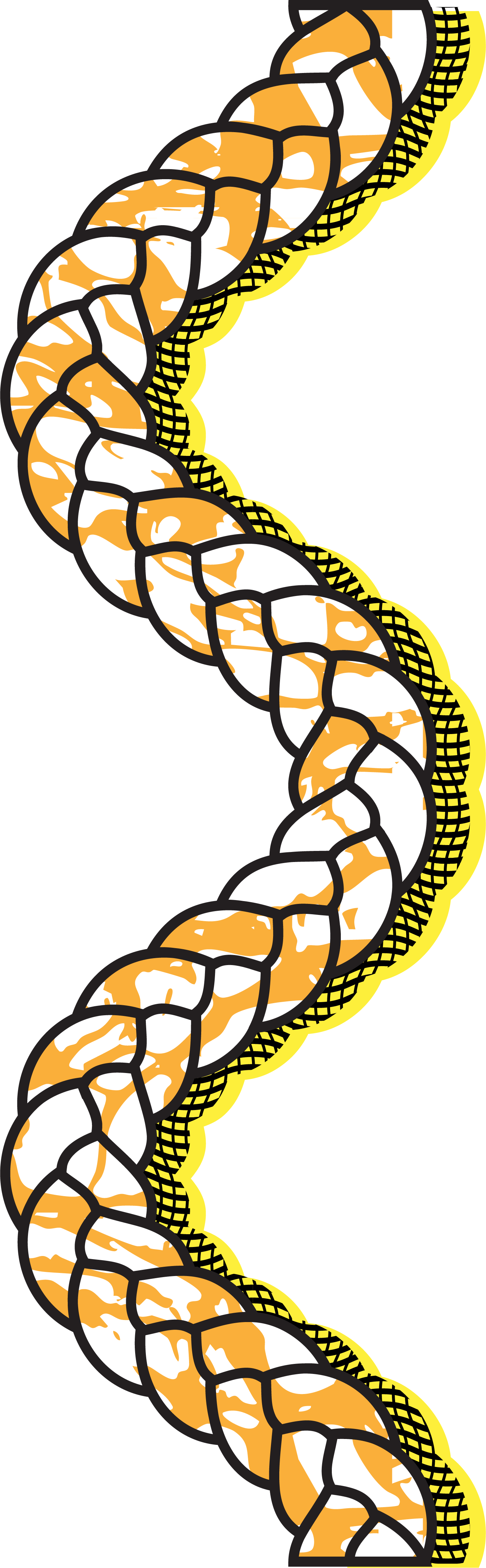 Stylized illustration of a hair braid with white, orange, and black markings.