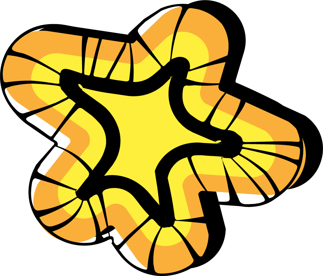 A stylized abstract star with a yellow center and orange outer sections, outlined in black.