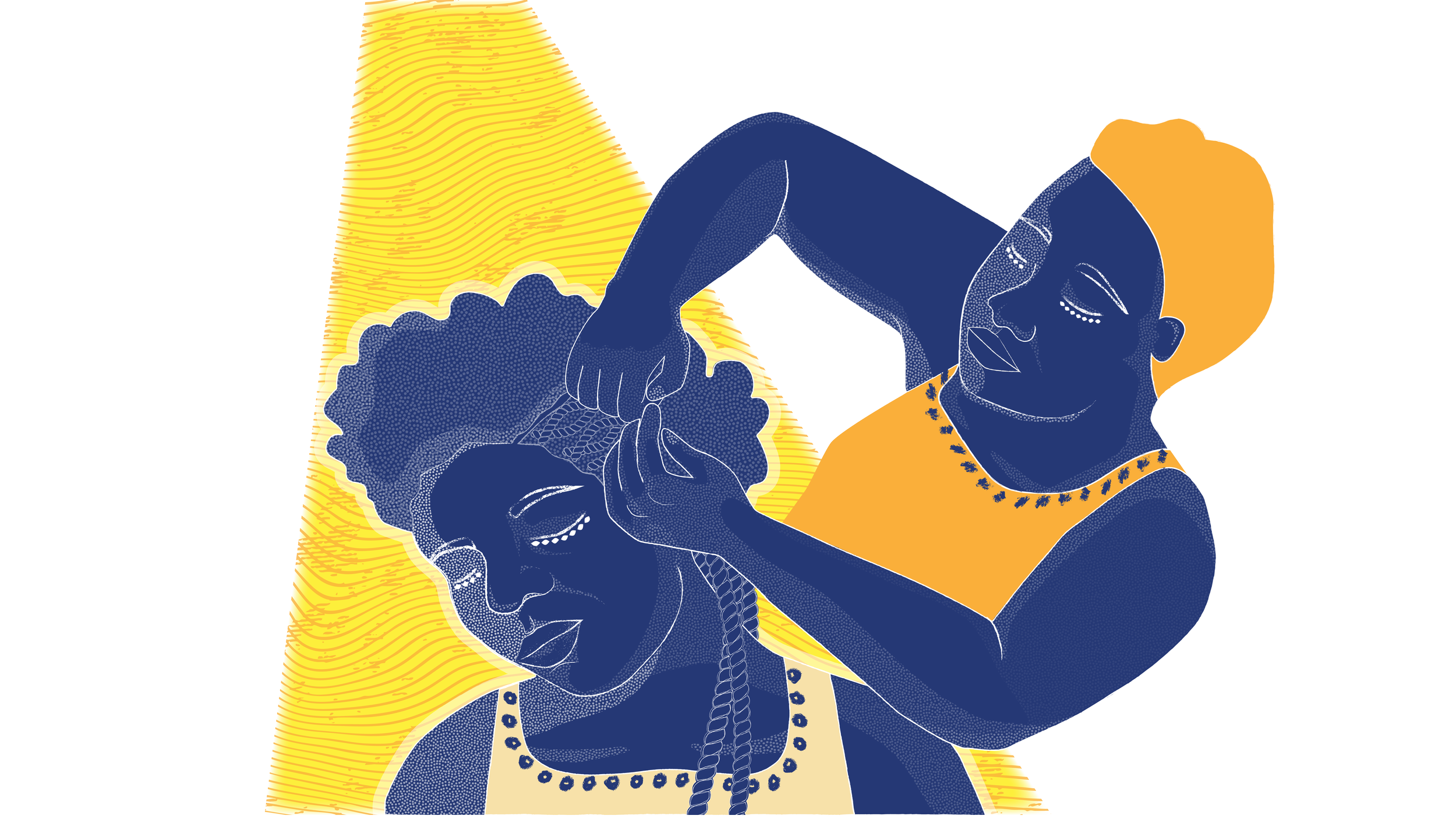 An illustration of two women, one braiding the other's hair. The background features yellow and gold patterns.