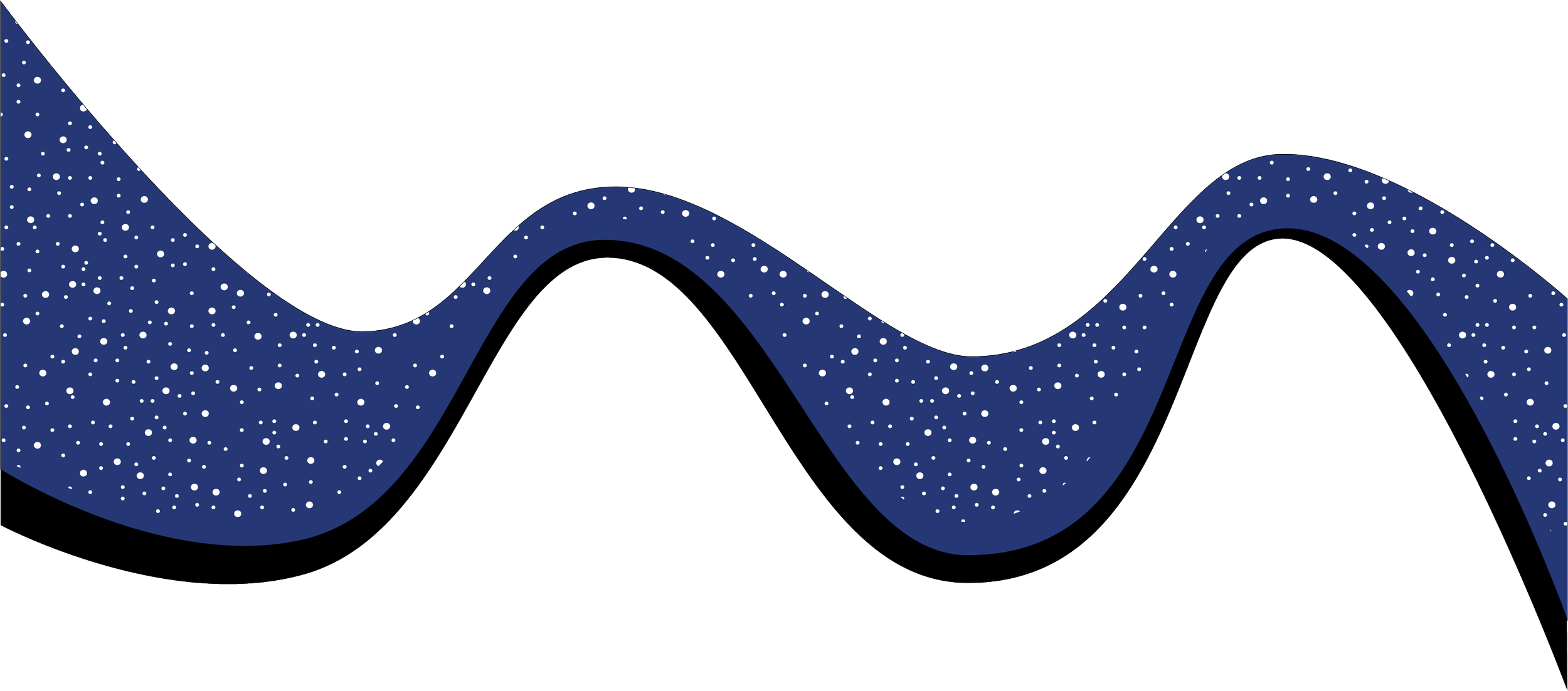 A stylized blue and black wave with white dots scattered across the wave pattern.