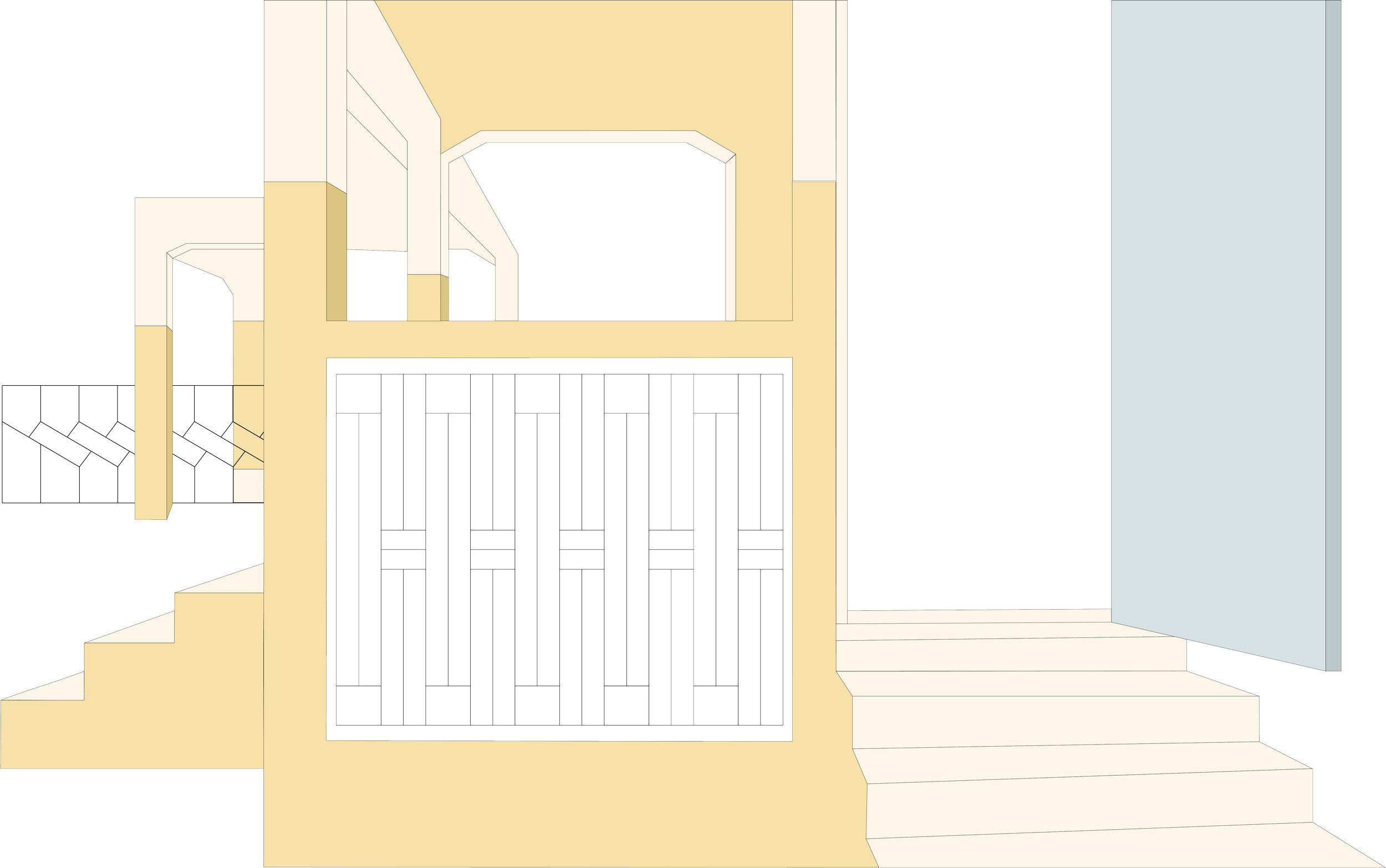 Illustration of a balcony with a black metal gate and a door on the side, attached to a pastel yellow building with white trim, and a light blue wall on the right side.