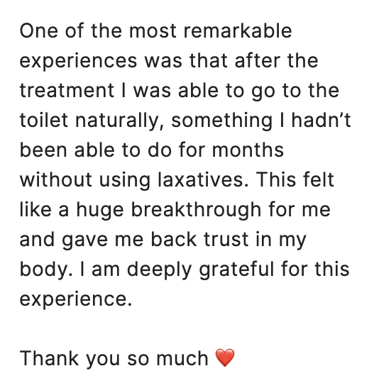 Text describing a personal experience with being able to use the toilet naturally after a treatment, expressing gratitude and mentioning a breakthrough in health.