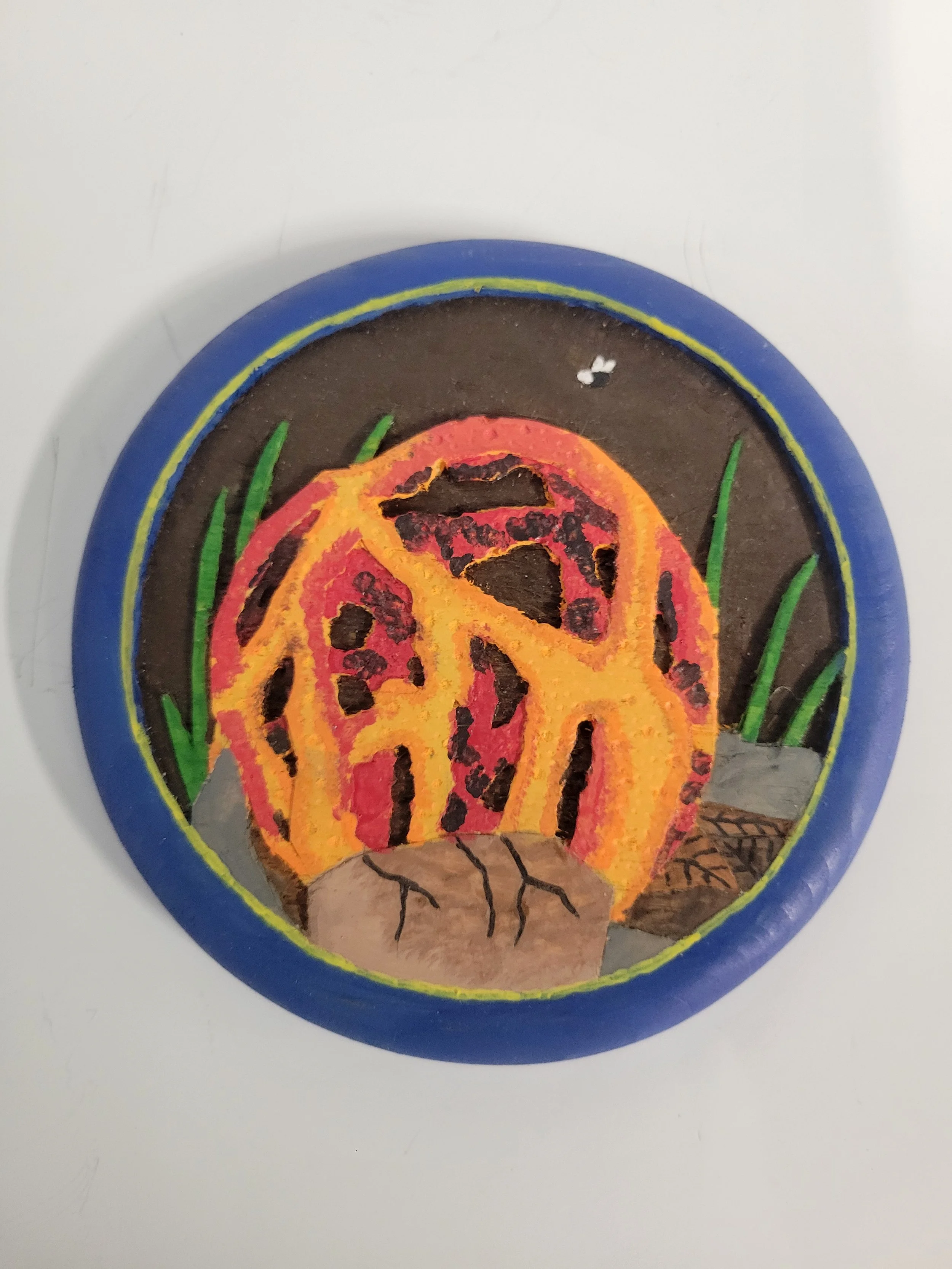 Handmade circular painted engraving depicting a mushroom with orange and red textures, surrounded by green grass and a blue border.