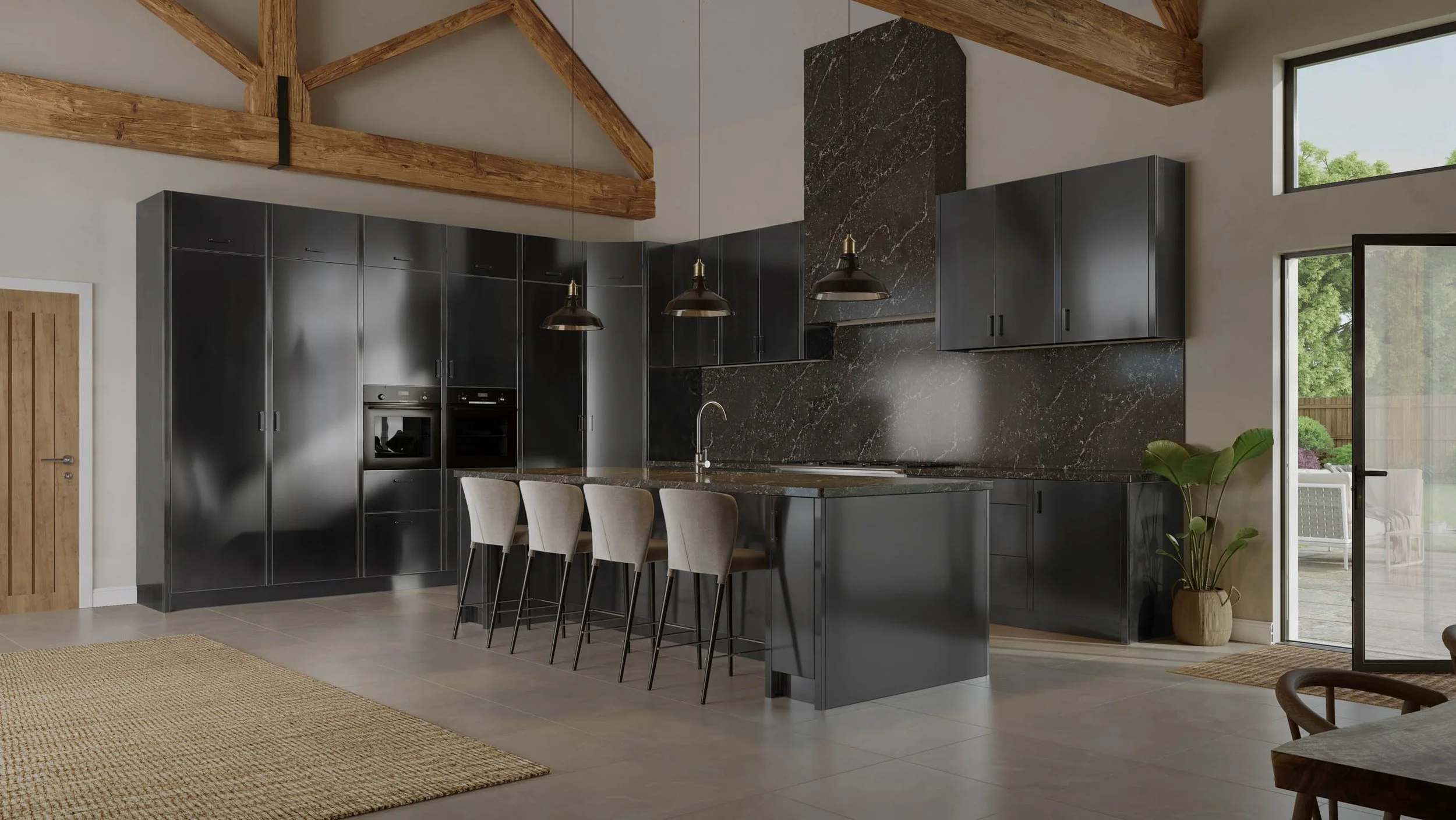 Contemporary steel kitchen with full-height cabinetry, stone surfaces, and island seating beneath exposed timber beams.