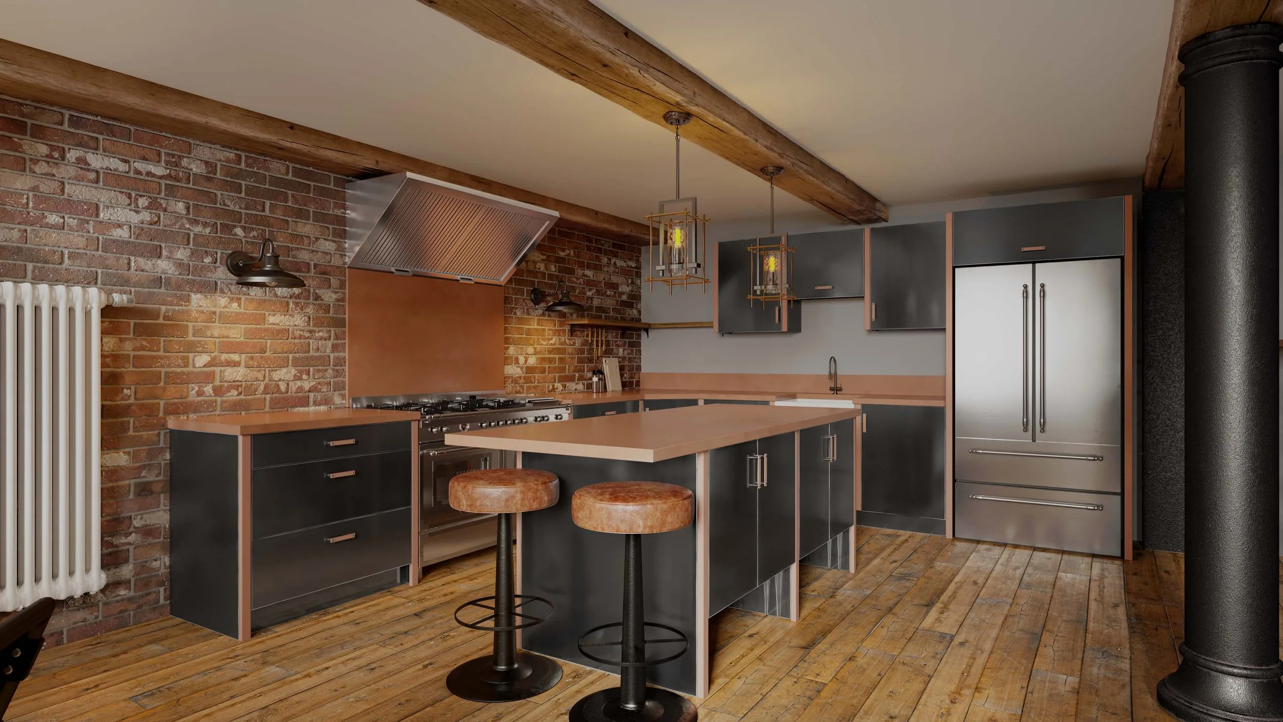 Industrial-inspired steel kitchen featuring copper detailing, reclaimed timber flooring, and a central island for open-plan living.