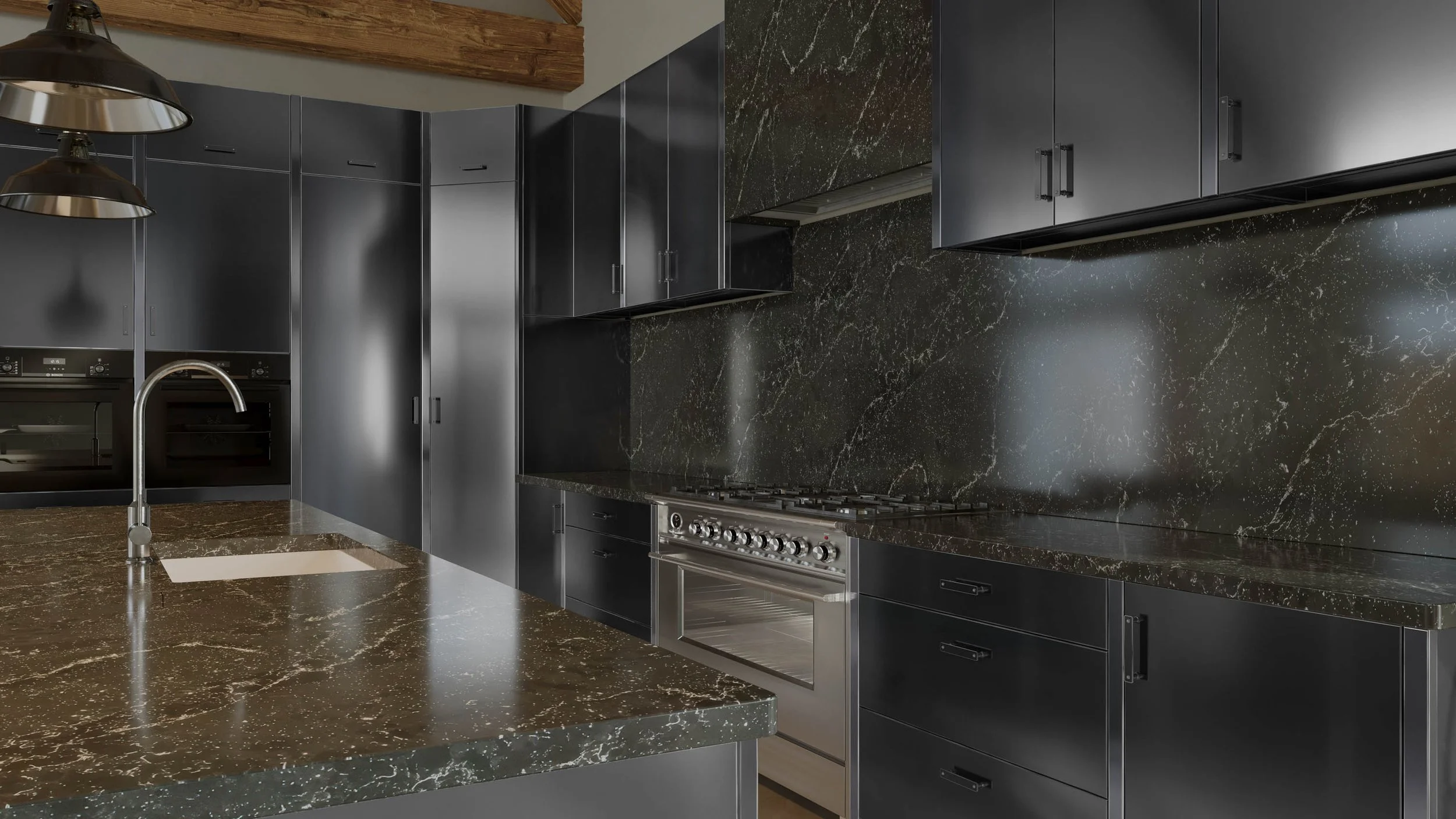 Steel kitchen cabinetry combined with dramatic stone worktops and full-height splashbacks for a bold contemporary aesthetic.