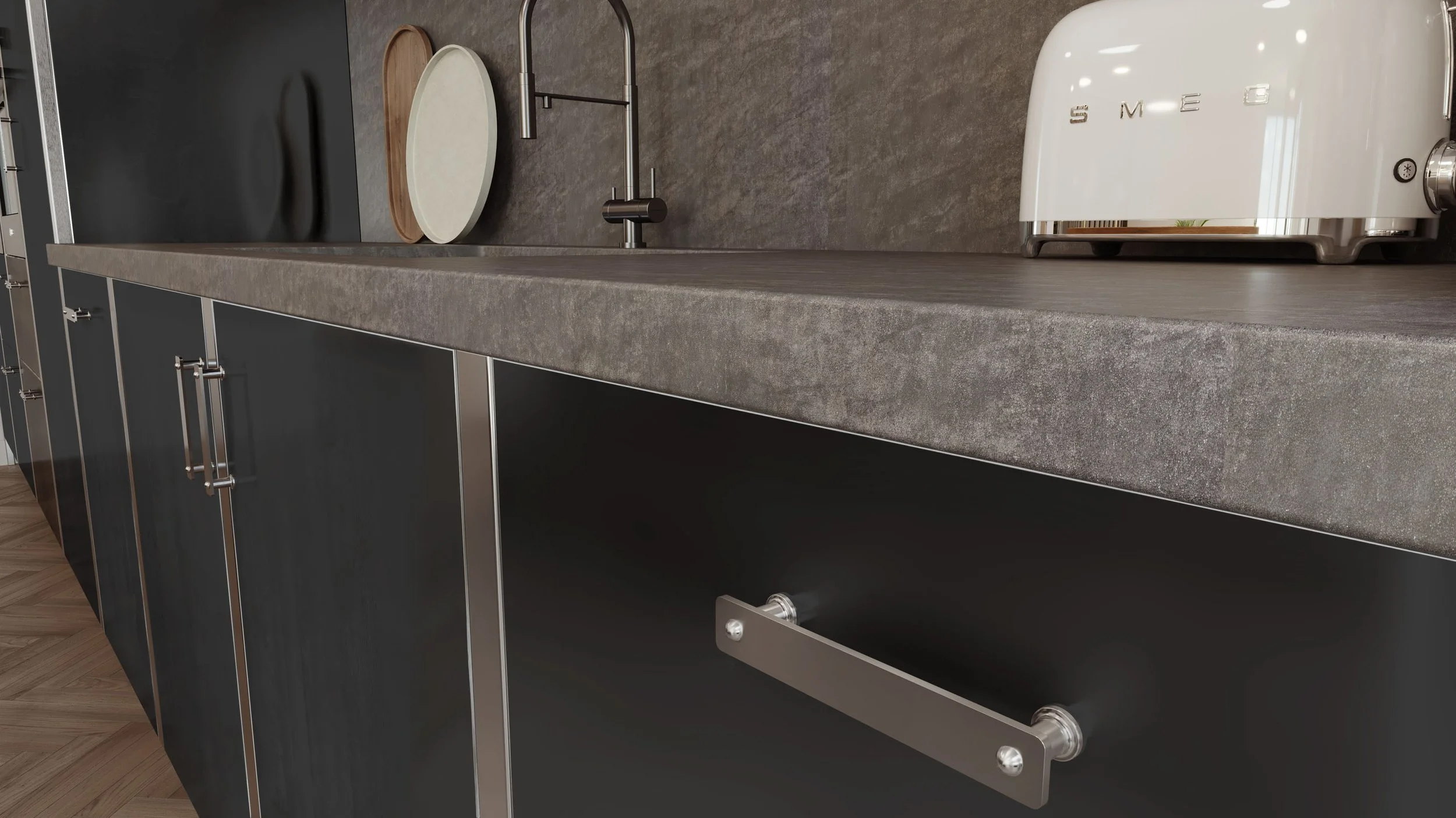 Dark steel cabinet fronts with brushed stainless detailing beneath textured concrete-effect worktops and splashbacks..