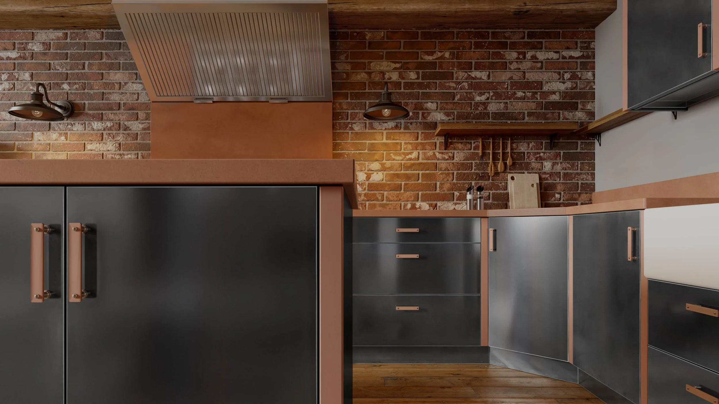 Copper detailing, exposed brickwork, and handcrafted steel cabinetry reflecting WodenStel's material-led approach to contemporary kitchen design.