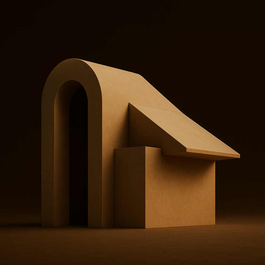 Minimalist beige architecture model with an arched doorway and sloped roof, set against a dark background.