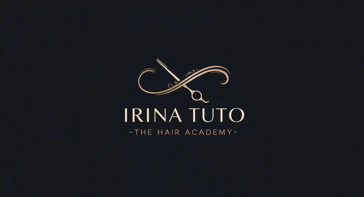 Irina Tuto hair academy logotipas tamsiame fone