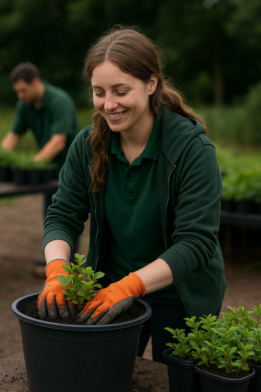 A woman planting a young plant into a black pot at a garden center or nursery. She is smiling and wearing orange gardening gloves. A man is in the background also working with plants.