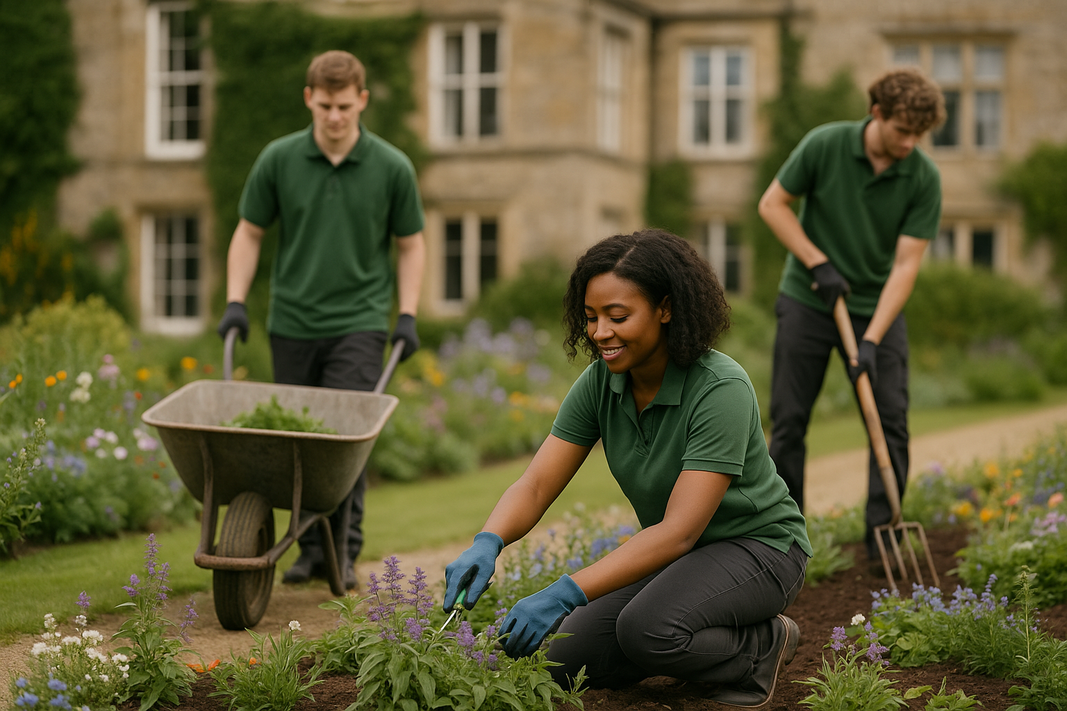 A woman with curly hair, wearing a green polo shirt and blue gloves, is kneeling and planting flowers in a garden. Two men wearing green shirts and black gloves are in the background, one pushing a wheelbarrow and the other using a pitchfork. There is a large house with windows and greenery in the background.