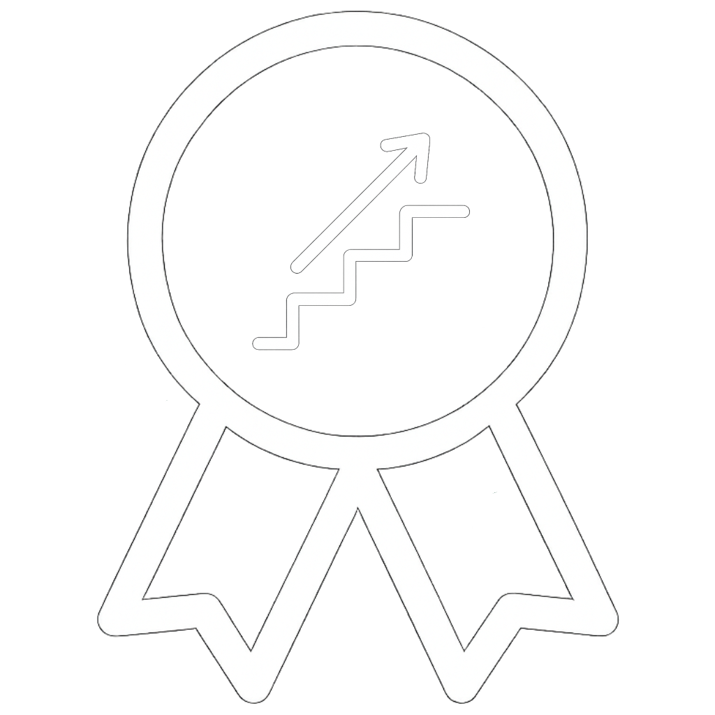 A ribbon award or badge with a circular emblem featuring a staircase and arrow pointing upward, signifying achievement or progress.