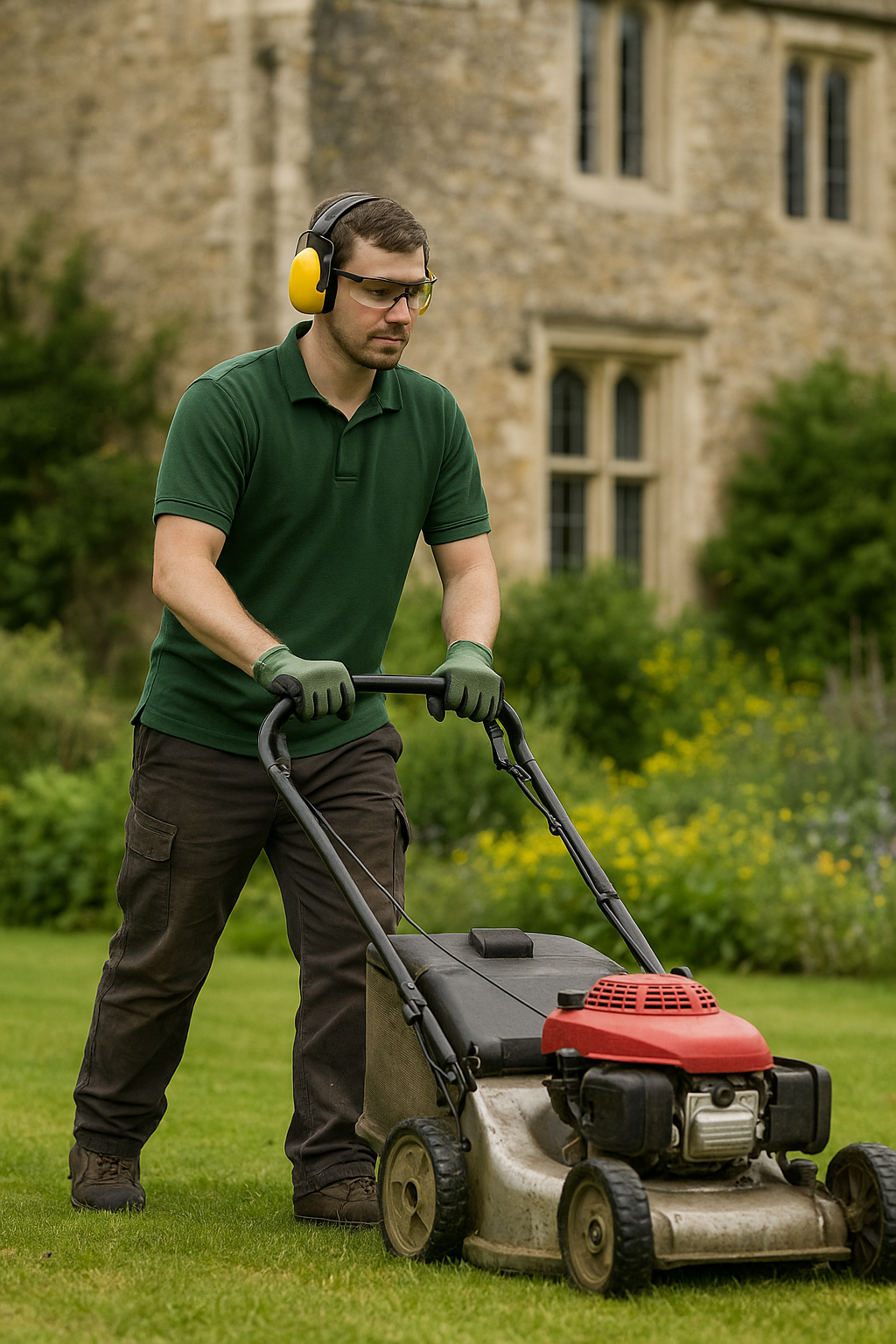 A man wearing protective eyewear, yellow hearing protection, and green gloves is pushing a lawn mower across a well-maintained lawn in front of an old stone building with large windows and greenery.