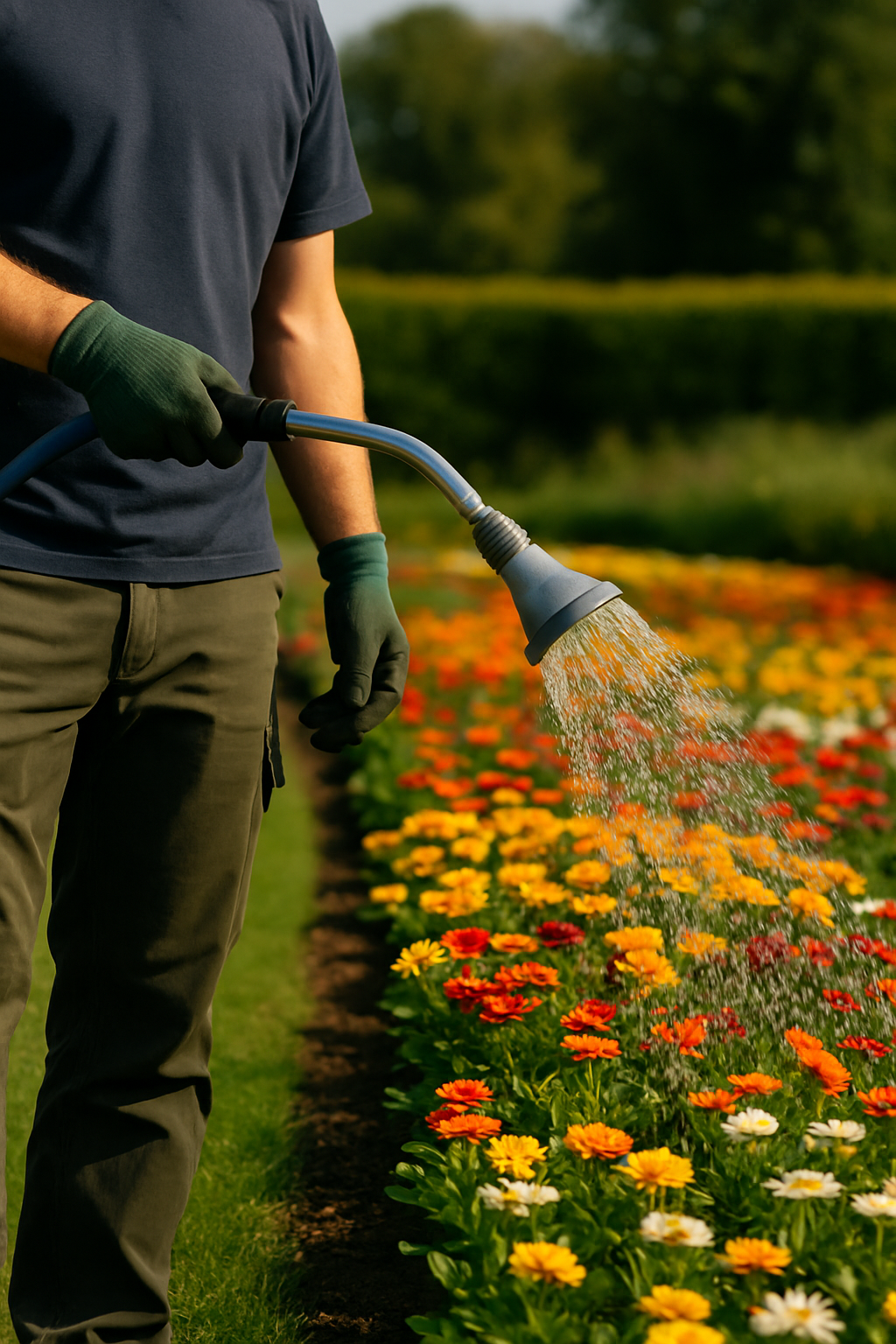 Person watering colorful flowers in a garden.