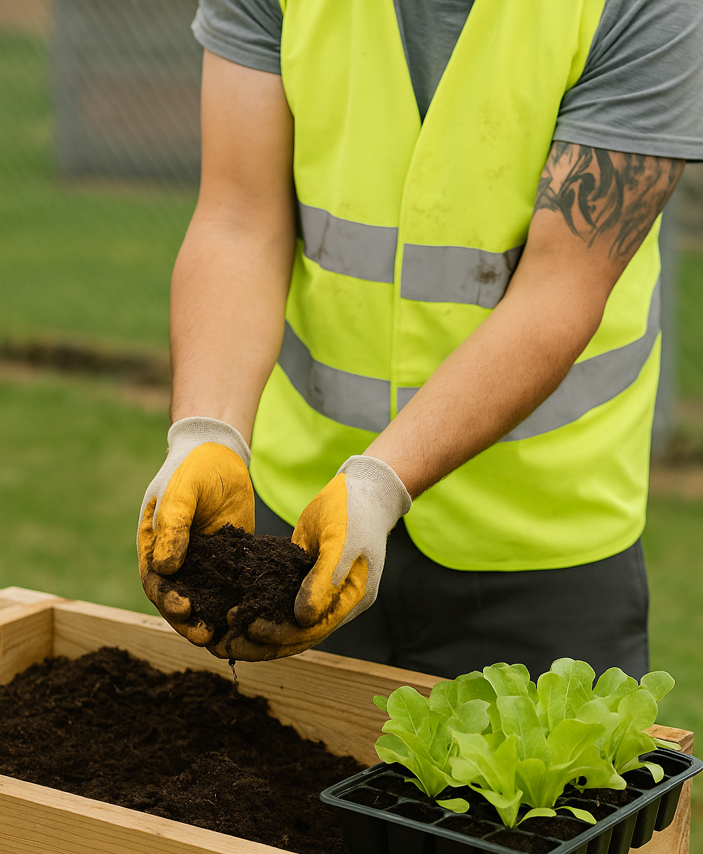 A person wearing a yellow safety vest, gray t-shirt, gloves, and a tattoo on their arm is planting dark soil into a wooden planter box filled with soil, with seedlings of lettuce nearby.