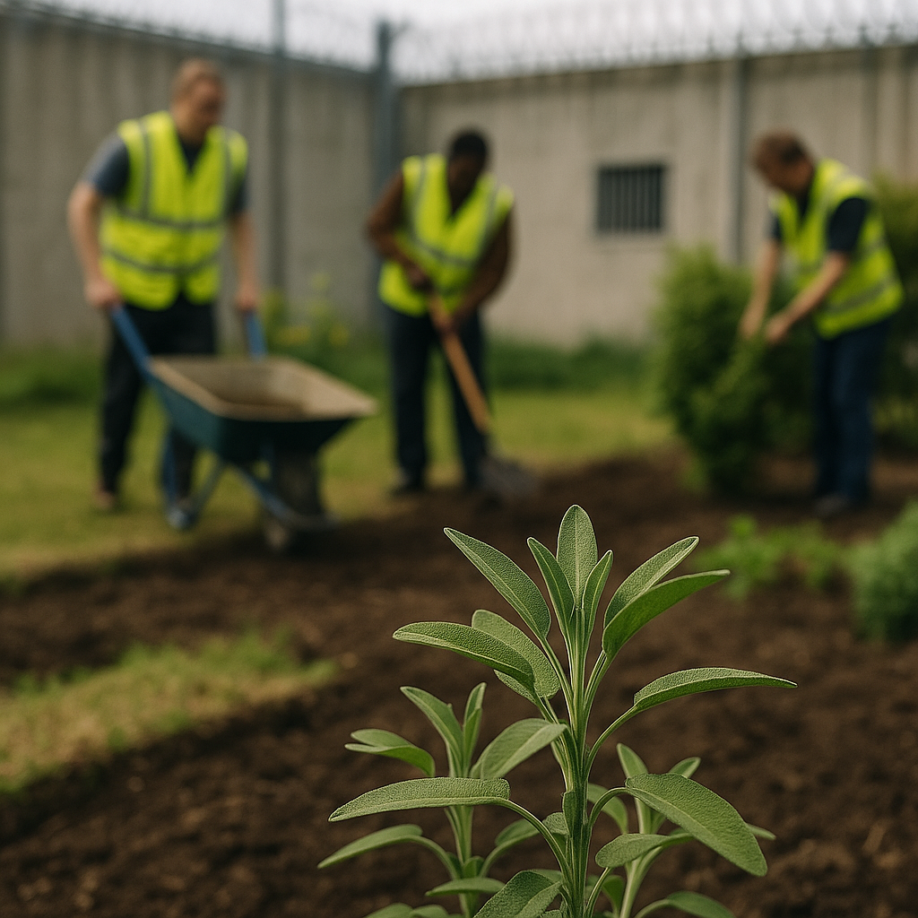 Close-up of a green plant in the foreground with three people in yellow vests working in a garden or park in the background
