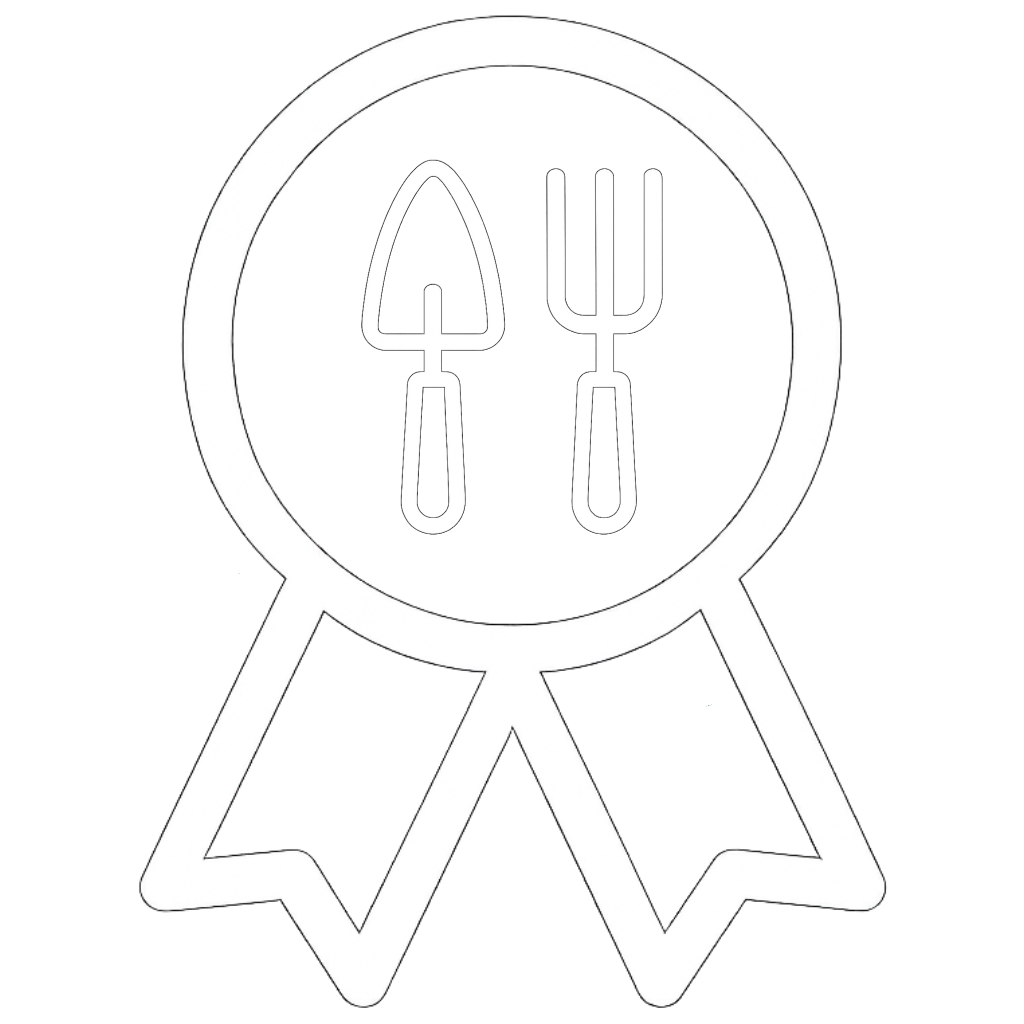 Black and white icon of a ribbon or award with a circular badge displaying a trowel and a fork.