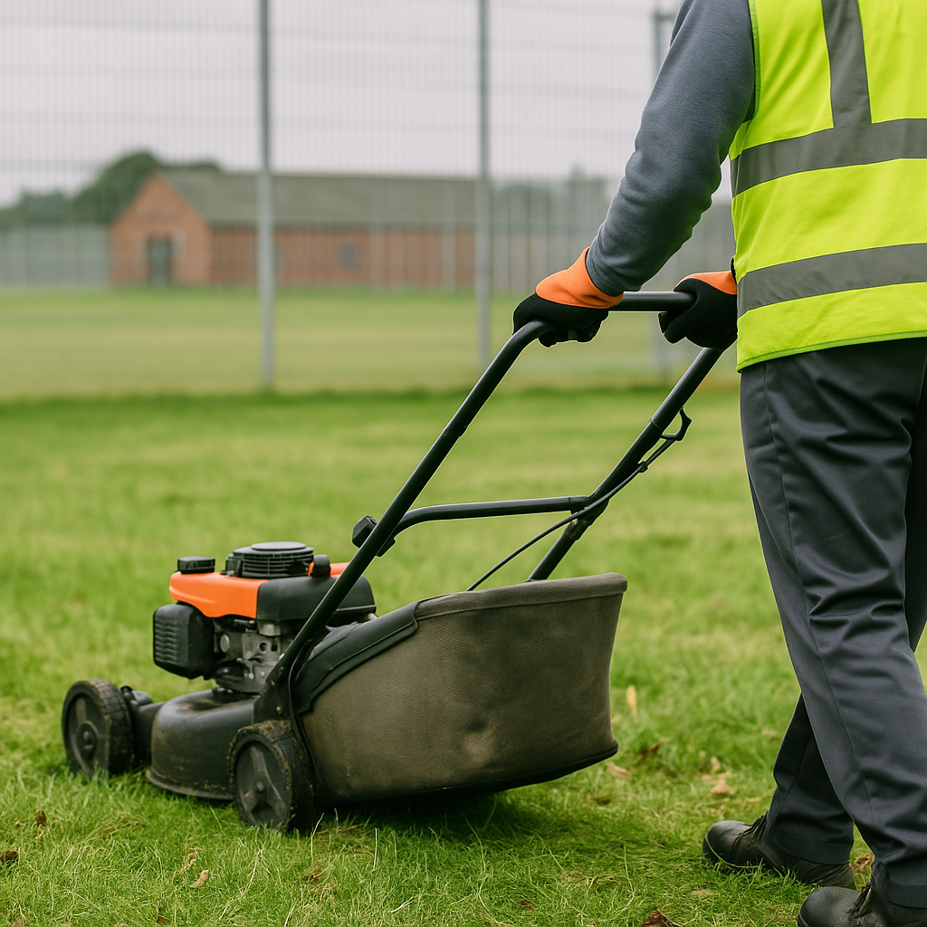 Person wearing a high-visibility vest and gloves mowing a grassy field with a push lawn mower.
