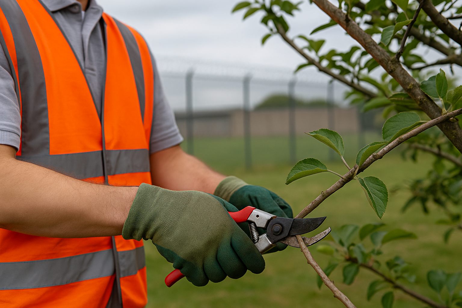 A person wearing a gray shirt, an orange safety vest, and green gloves is pruning a tree branch with pruning shears in an outdoor orchard or garden.