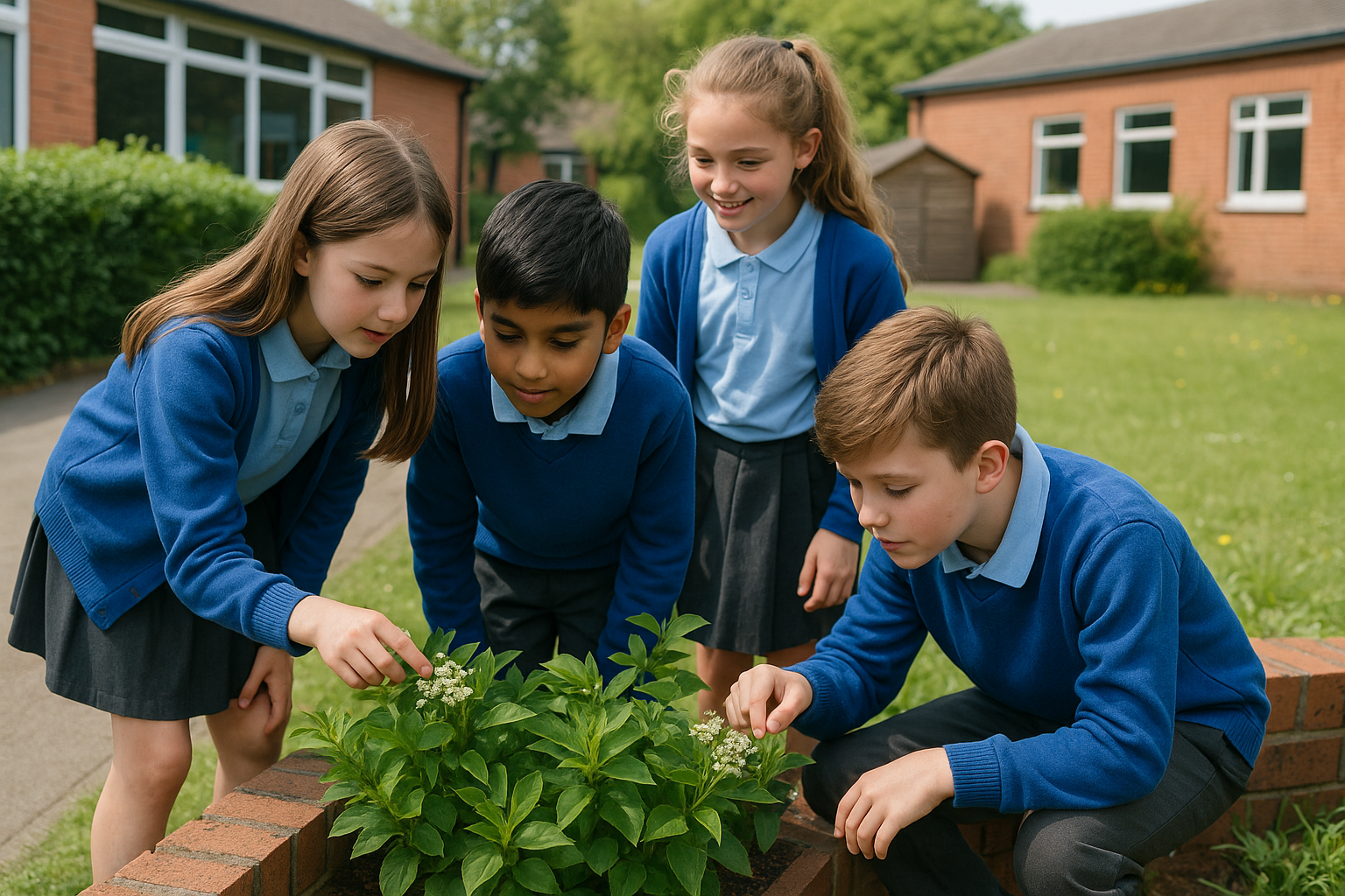 Four children in school uniforms observing a plant with white flowers in a garden outside school buildings.