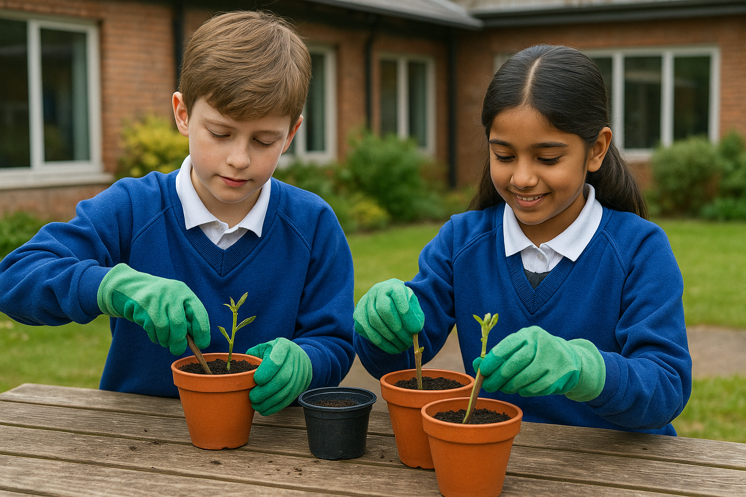 Two school children, boy and girl, planting seedlings in small flower pots outdoors on a wooden table, wearing blue school uniforms and green gardening gloves.