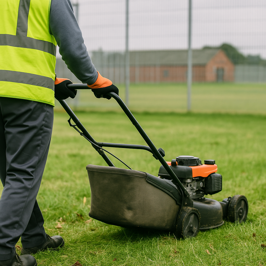 A person wearing a yellow safety vest, black gloves, and black pants using a push lawn mower on a grassy field with a chain-link fence and a building in the background.