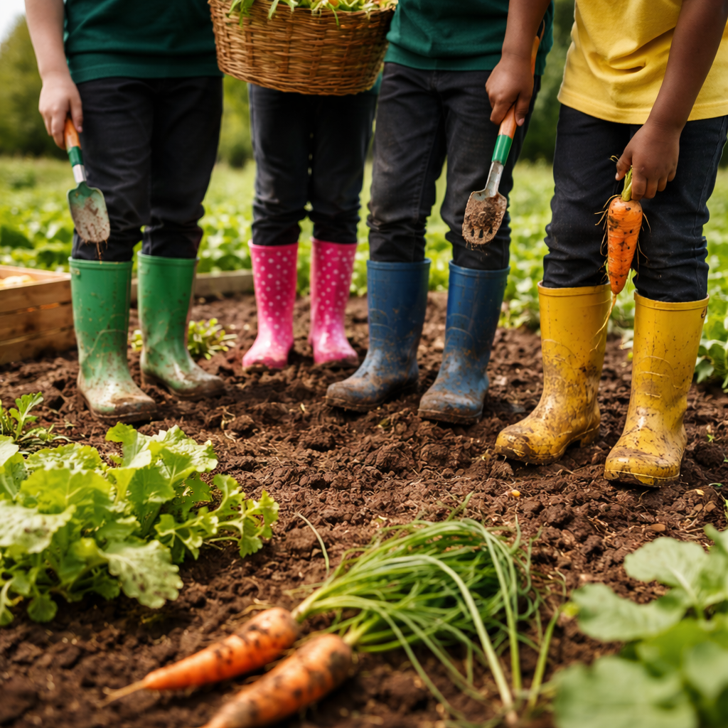 Children harvesting carrots in a garden, wearing colorful rain boots and holding gardening tools and freshly pulled carrots.