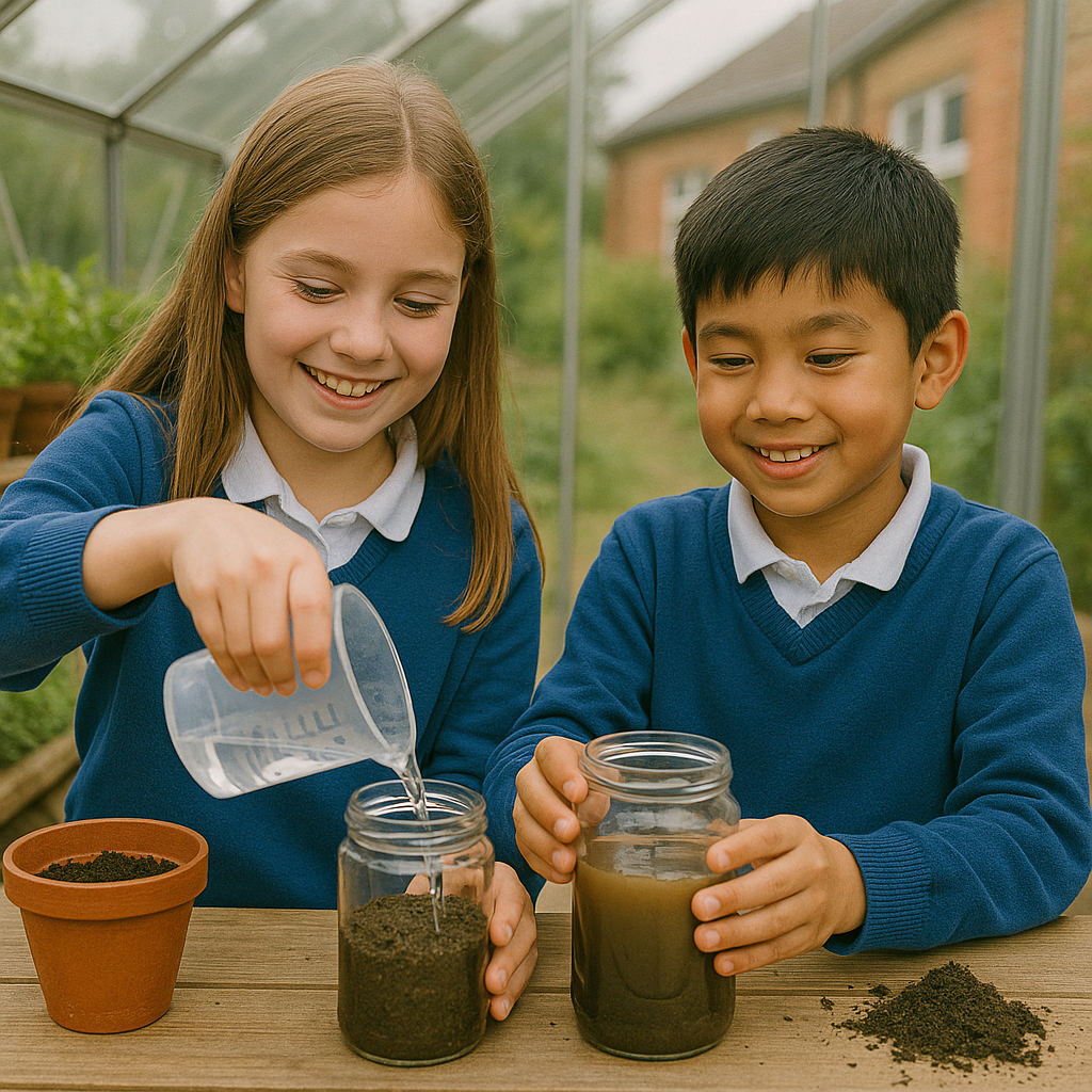 Two children, a girl and a boy, wearing blue sweaters and white shirts, planting seeds in jars and a flowerpot inside a greenhouse.