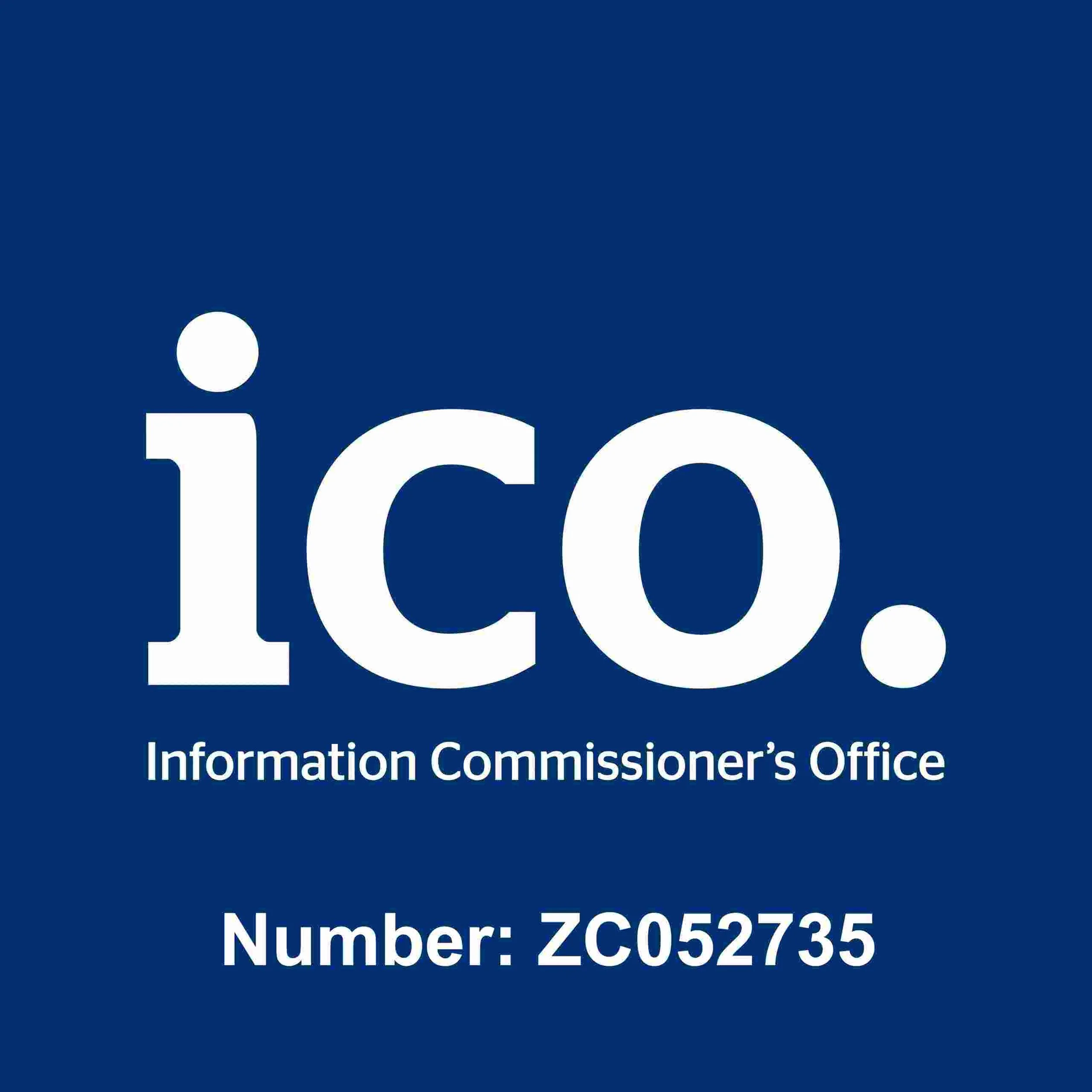 Blue sign with white text reading "ico." and smaller text below stating "Information Commissioner's Office" and "Number: ZC052735".
