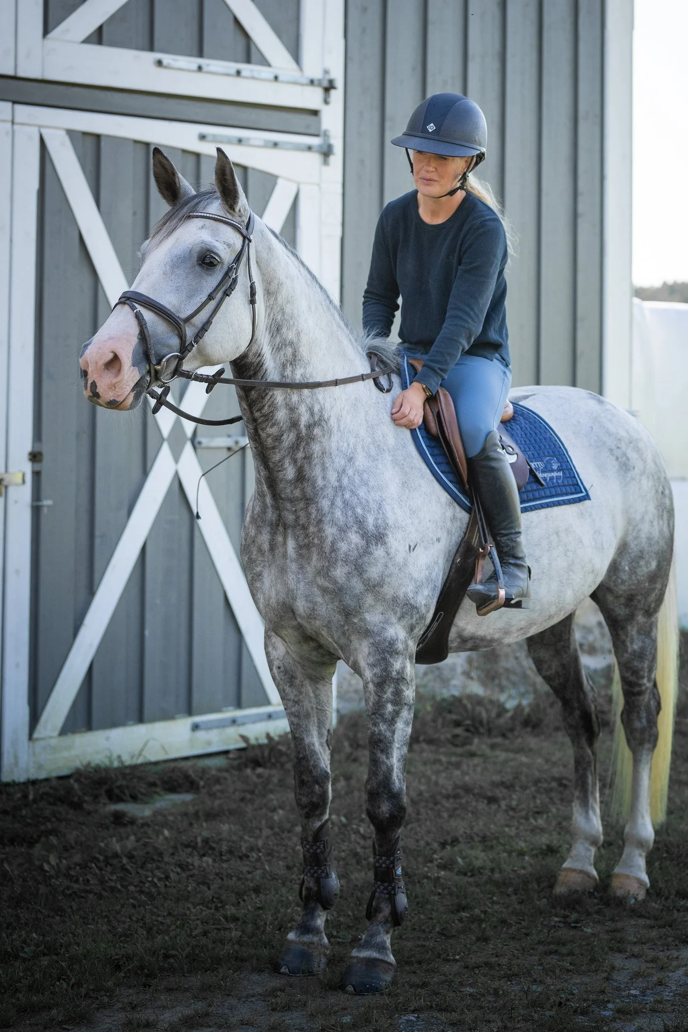 A woman in riding gear on a grey horse near a barn.