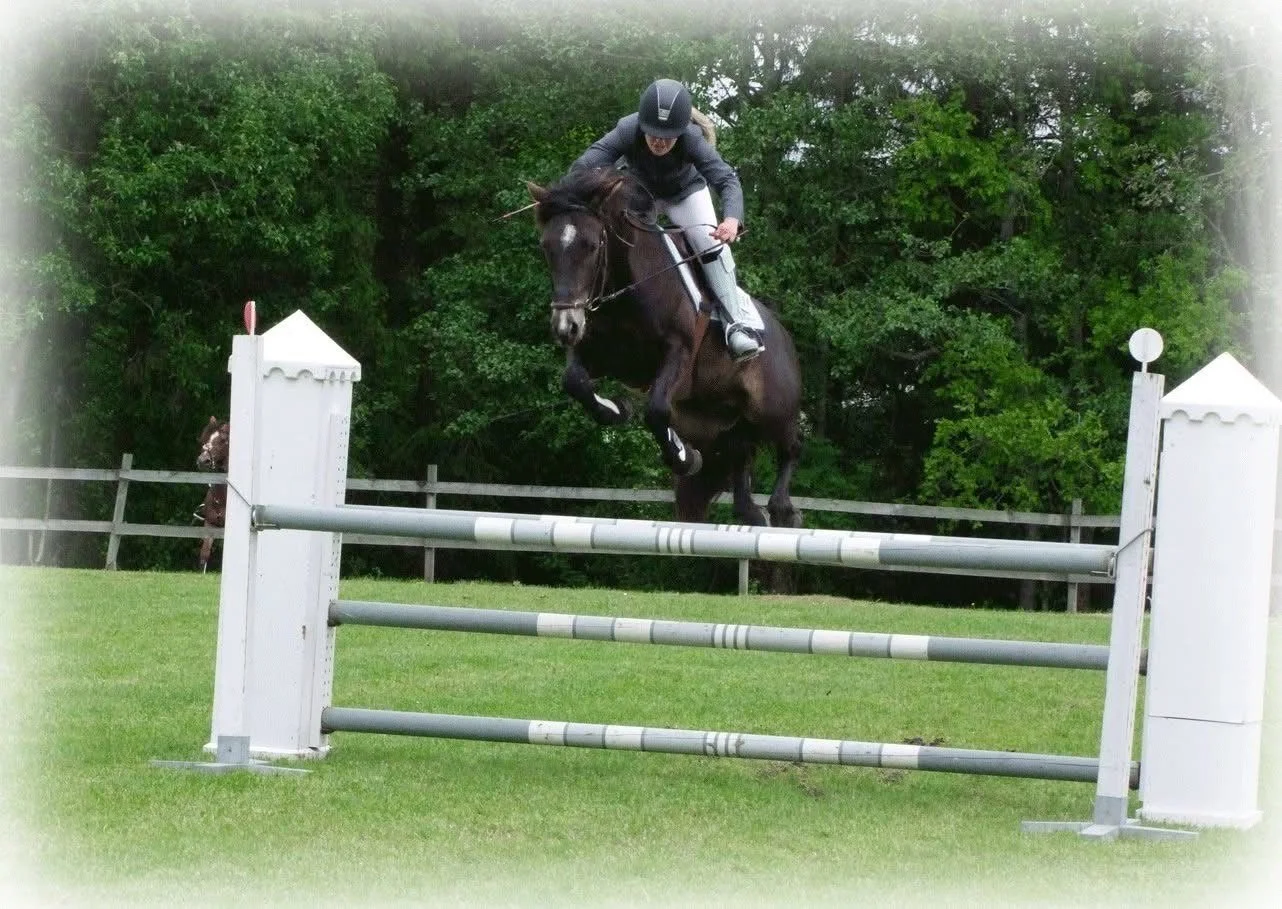 A person riding a horse and jumping over a hurdle during equestrian eventing.