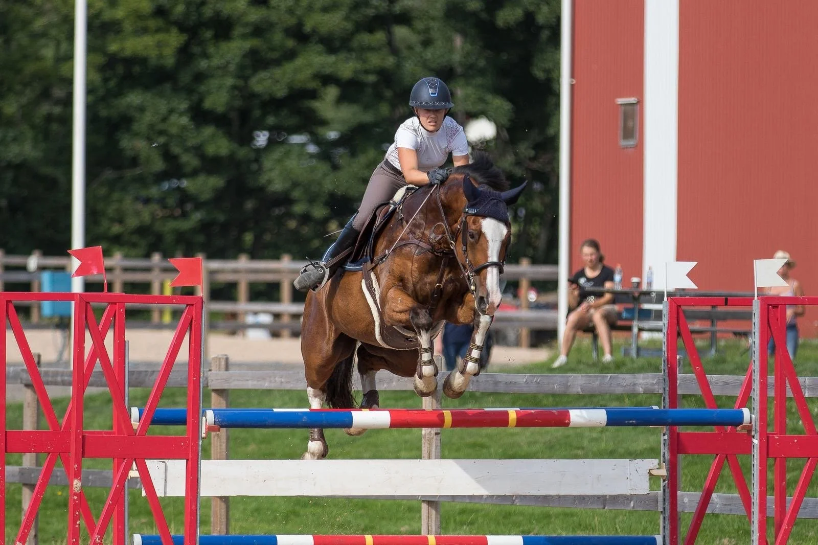 A equestrian rider wearing a helmet and casual attire is jumping over a colorful obstacle on a brown horse during a riding competition outdoors, with spectators and a red building in the background.