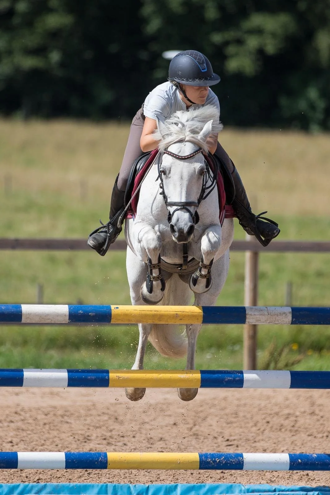 A woman riding a white horse jumping over colorful obstacles during a show jumping competition.