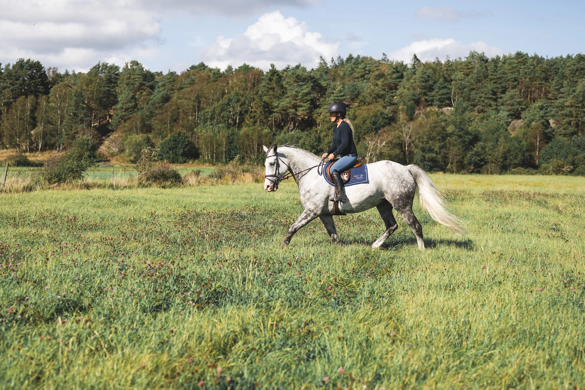 A woman riding a gray horse across a grassy field with trees and a partly cloudy sky in the background.