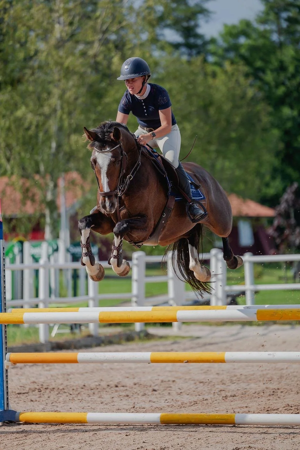 A female equestrian riding a brown and white horse jumps over an obstacle during an outdoor riding competition, with a background of green trees and a partly cloudy sky.