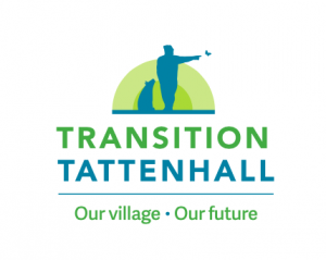 Logo with a person standing on a hill, with a bird flying above, and the text 'Transition Tattenhall' with the slogan 'Our village, Our future'.