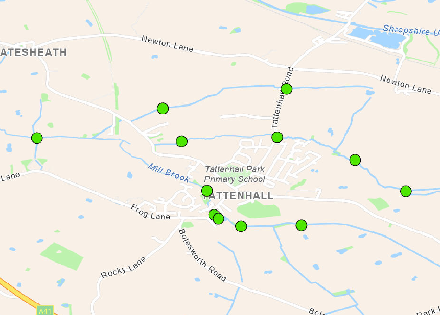Map of Pattenhall with green dots marking specific locations, roads, and nearby landmarks.