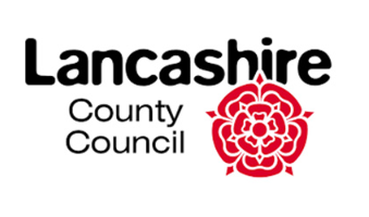 Lancashire County Council logo with black text and a red floral emblem.